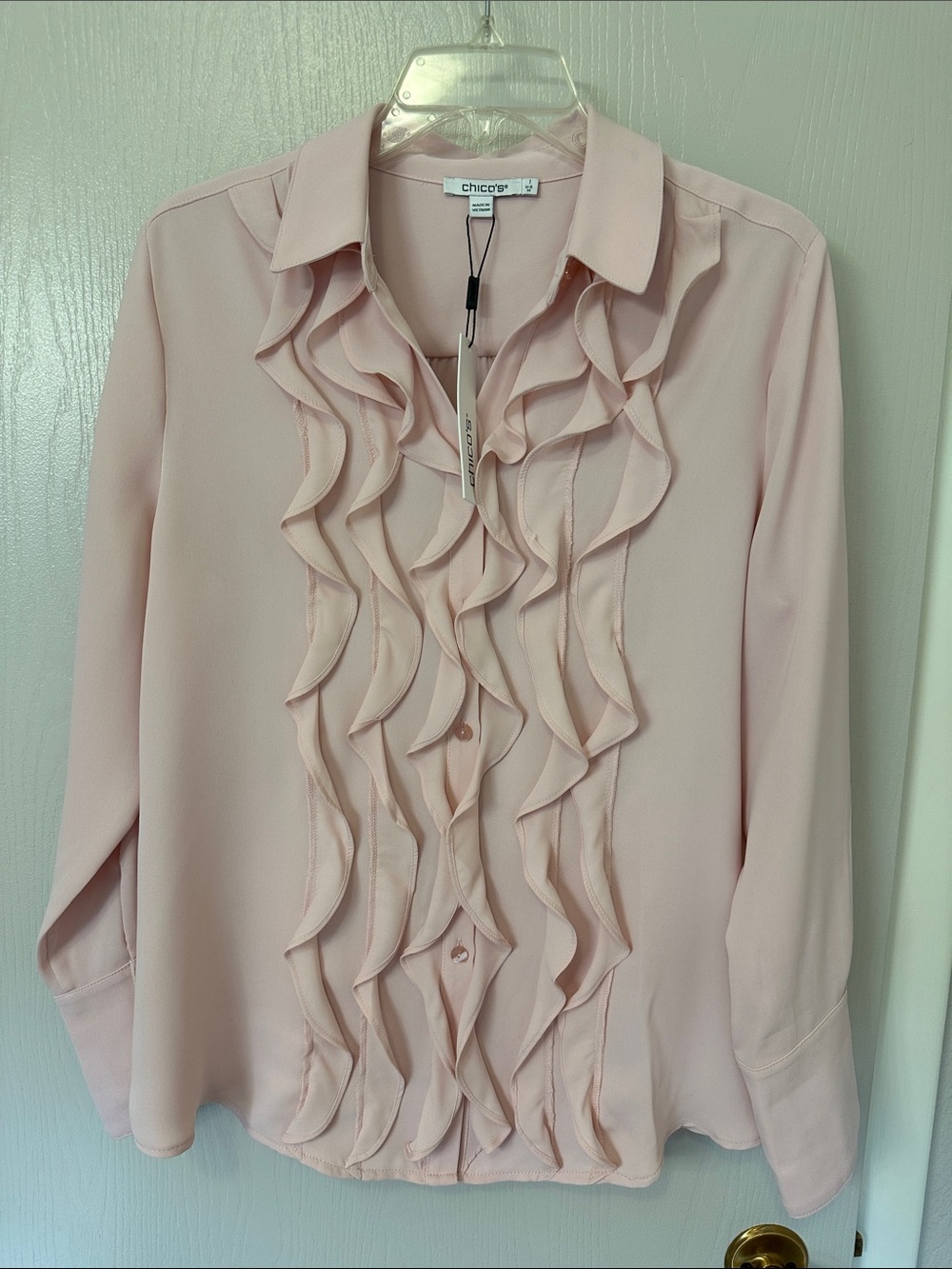 Chico's Light Pink Ruffle Front Long Sleeve Button-Down